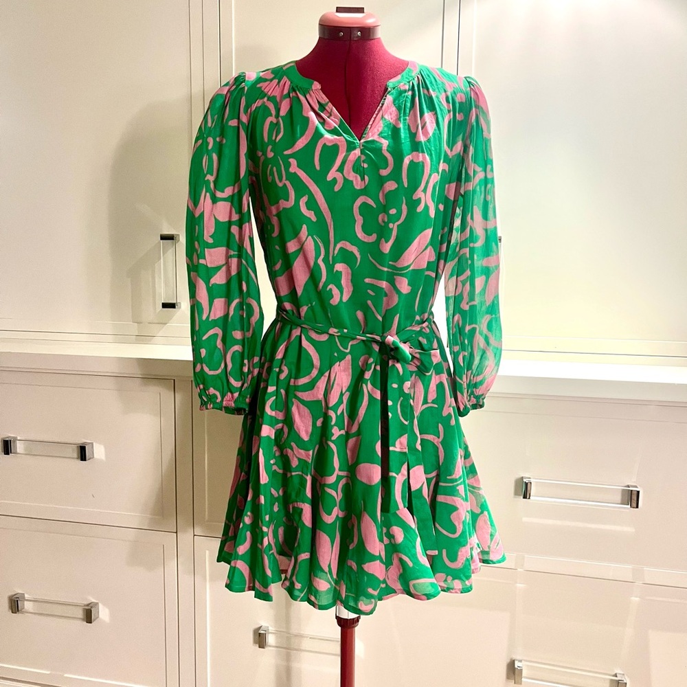 Velvet Brand fabulous Green/Pink Long Sleeve Fit and Flare Tie waist swing dress